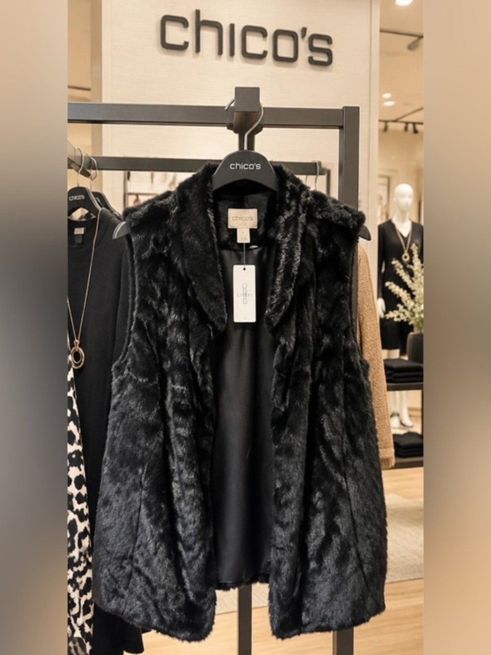 NWT Chico's Black Faux Fur Vest